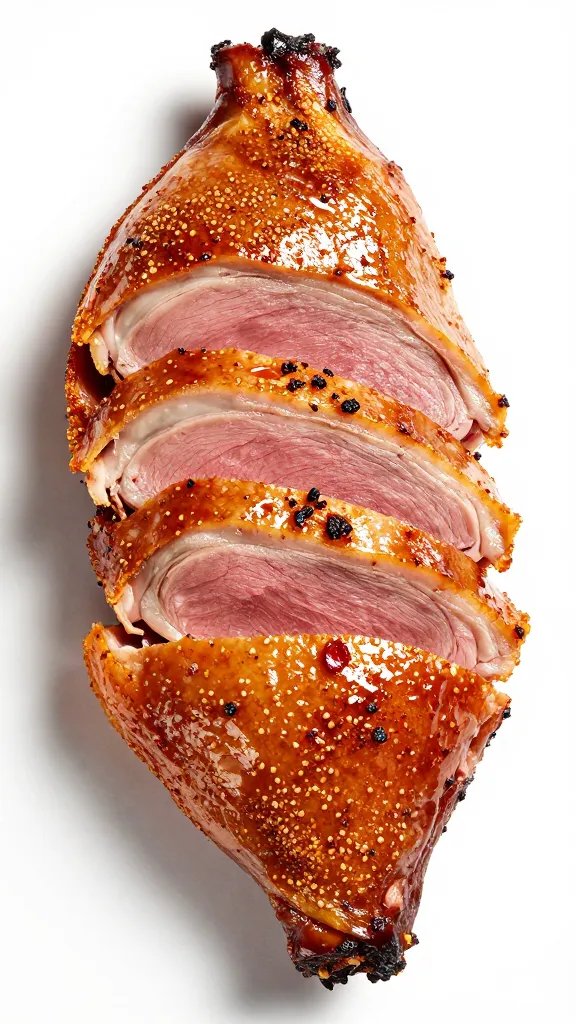 Glazed duck breast, crispy skin, sliced to rosy center