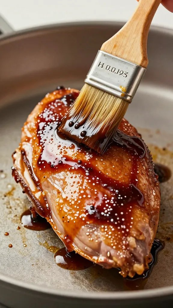 Brush basting one duck breast with glossy BBQ marinade