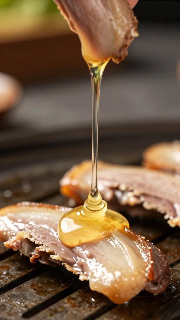 Rendered duck fat dripping from skin, macro grill shot