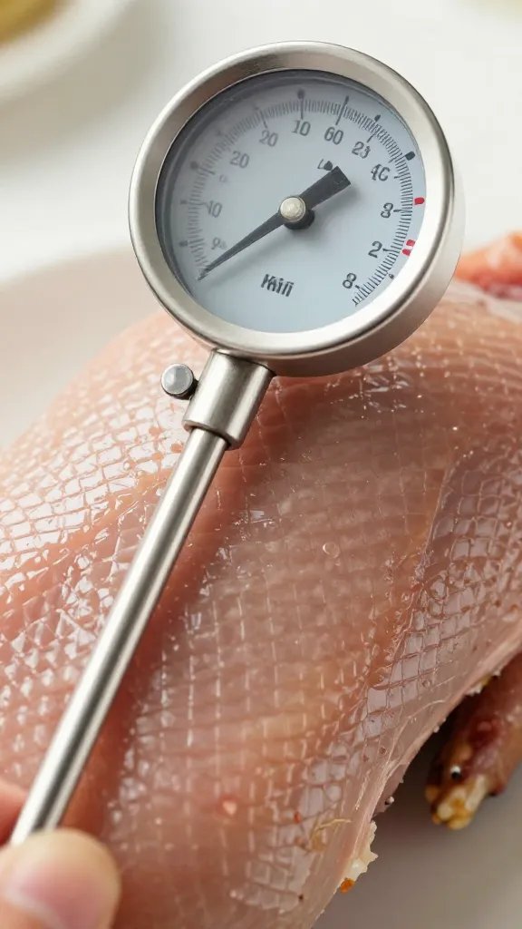 Meat thermometer probe in resting duck breast, closeup