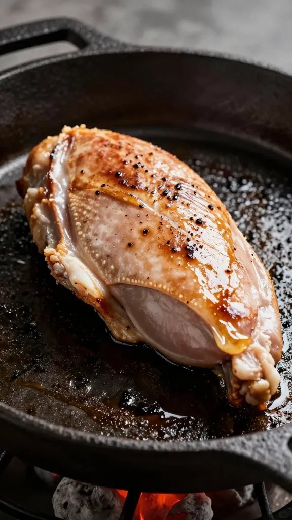 Single duck breast on cast-iron over coals, fat pooling