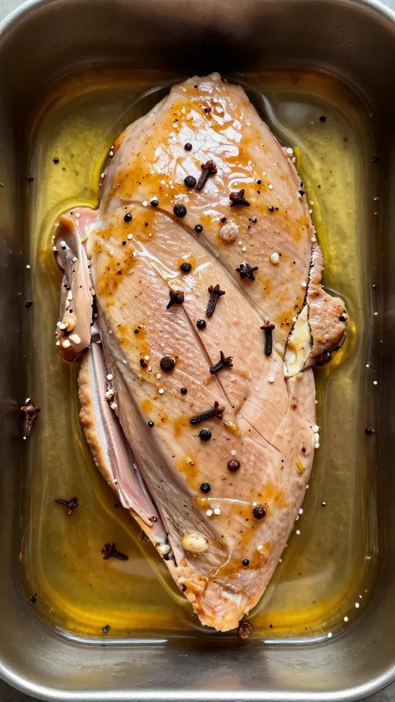 Marinade-coated duck breast in shallow dish, cloves visible