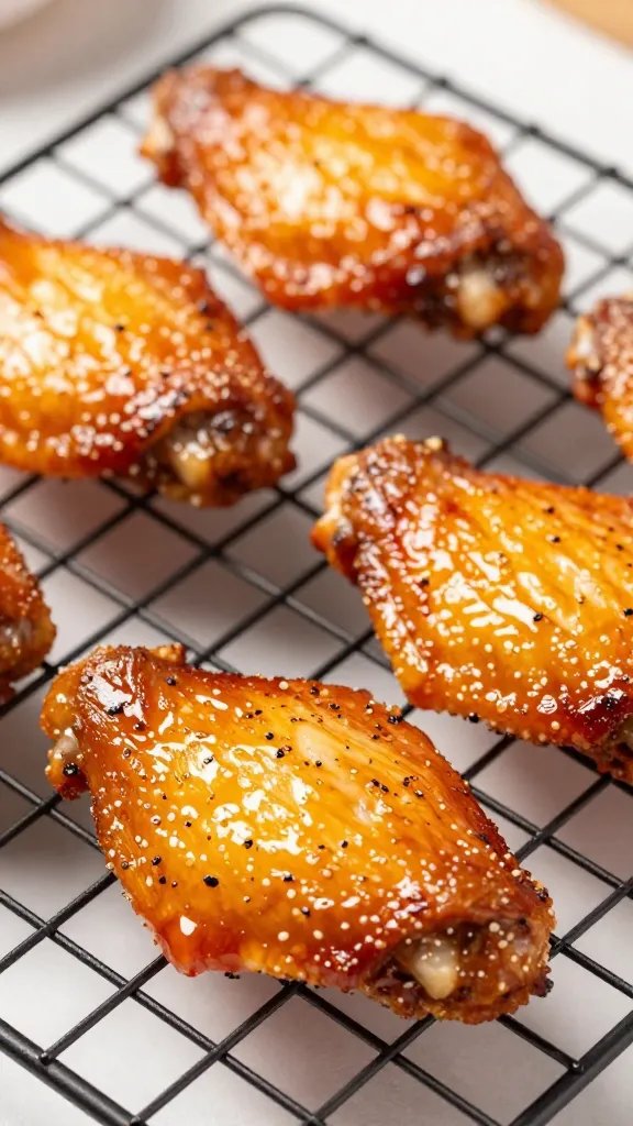 closeup of glazed BBQ chicken wing on wire rack
