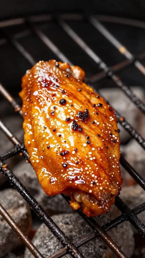 single sauced chicken wing on charcoal grill grate