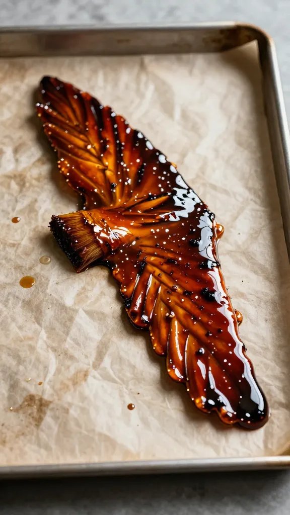 brushed wing with lacquered BBQ glaze on baking sheet