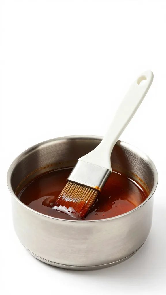 stainless saucepan of wing BBQ sauce with basting brush