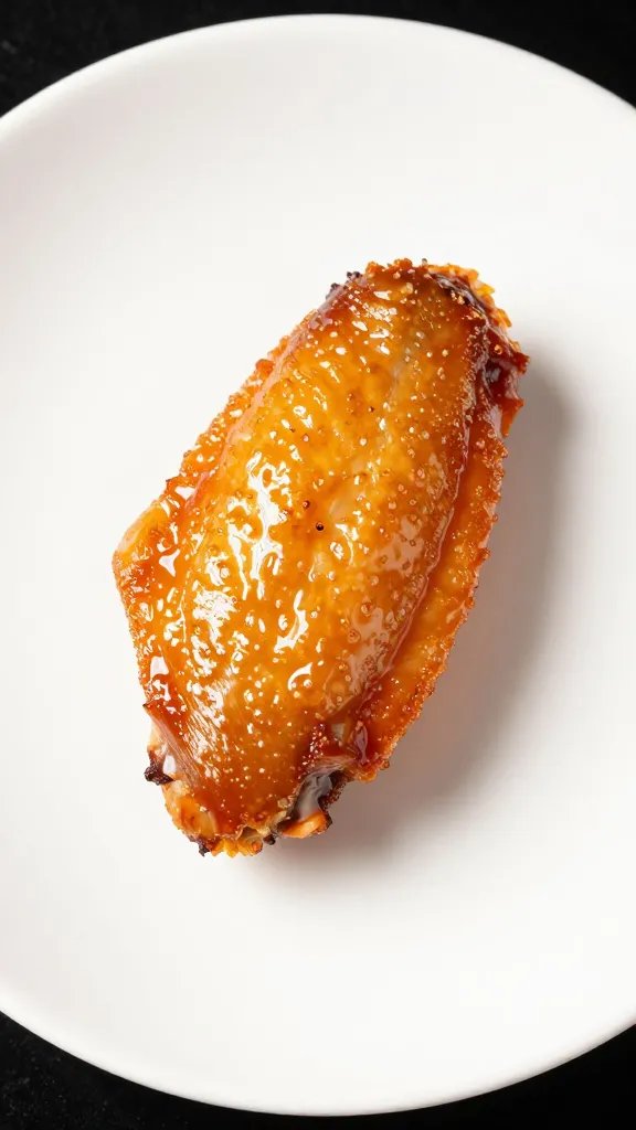 single crispy baked wing with sticky sheen, white plate