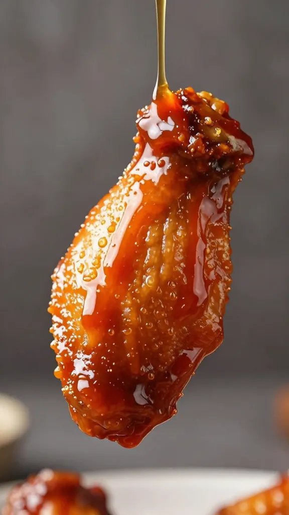 thick BBQ sauce stream coating one wing, macro shot