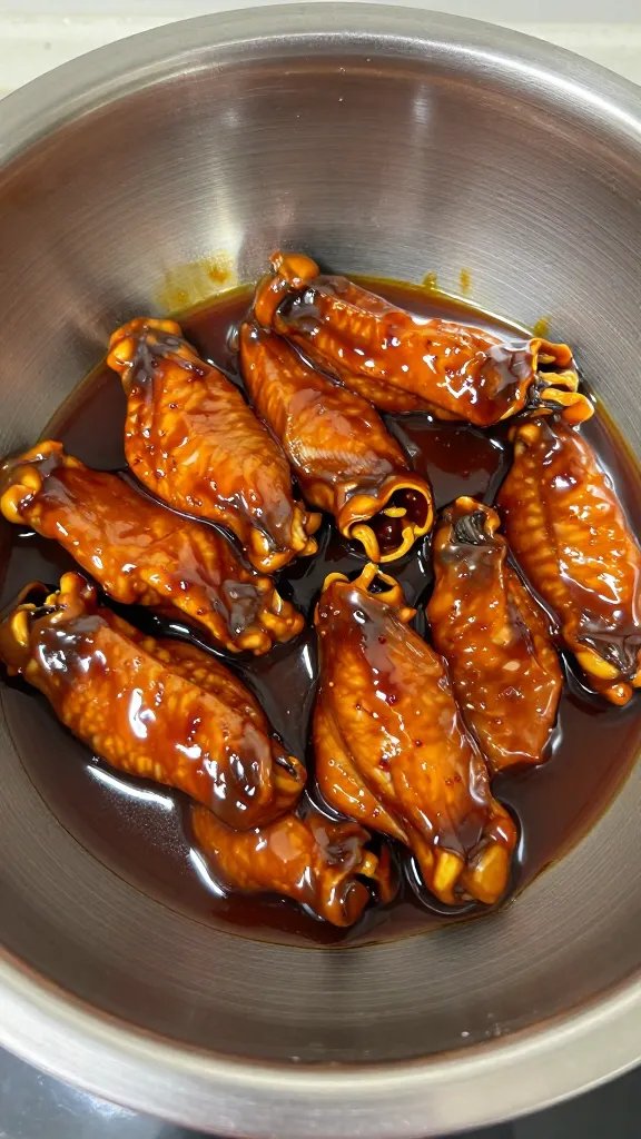 glossy wing tossed in sauce inside stainless mixing bowl