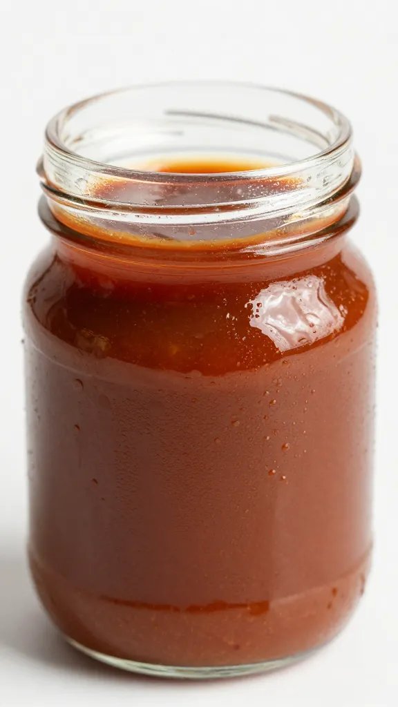 small glass jar of wing BBQ sauce, condensation, closeup