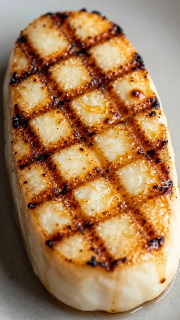 closeup grilled halloumi slice with dark crosshatch char