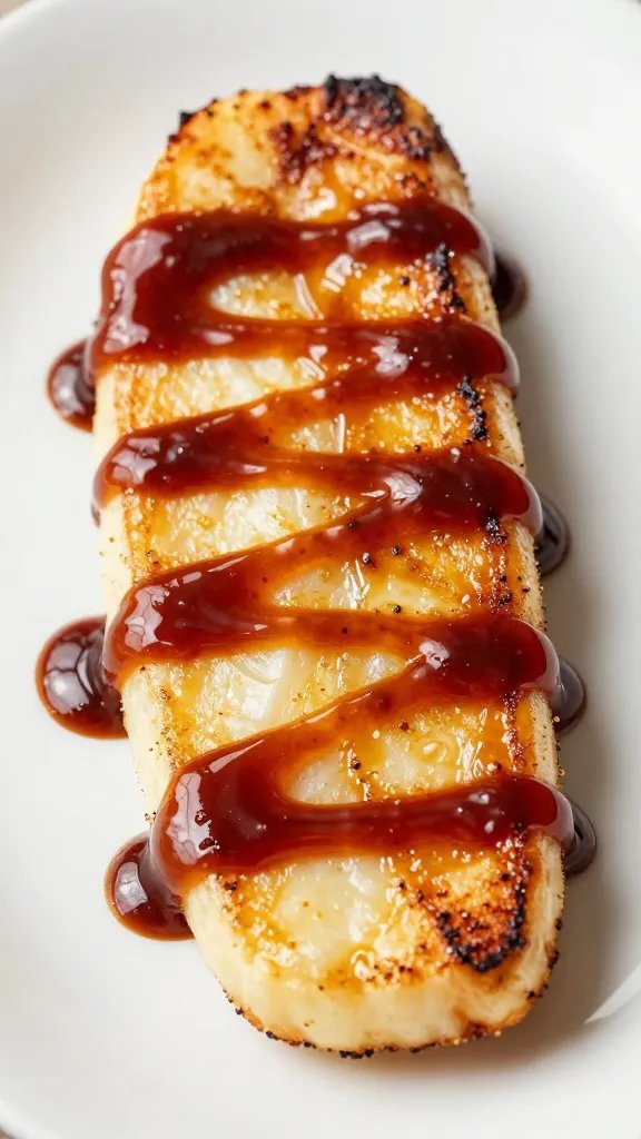 glossy bbq sauce brushed on seared halloumi plank