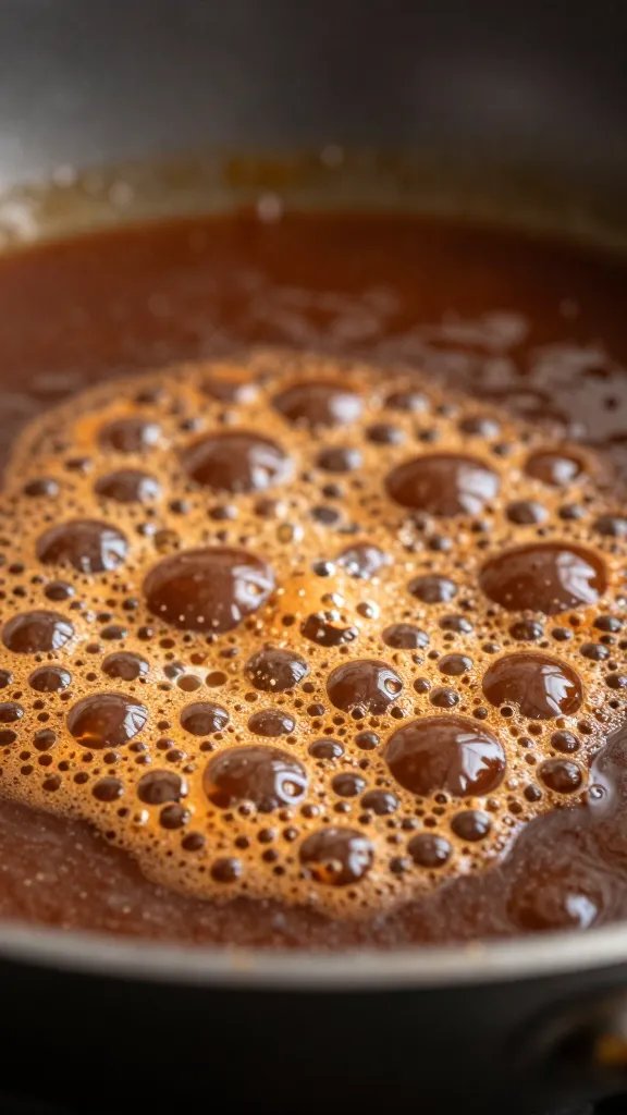 bubbling saucepan of high-heat bbq sauce, tight macro