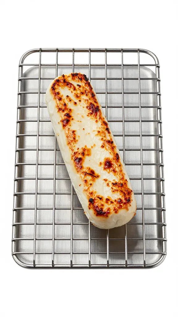 stainless grill grate with one halloumi slice mid-sear