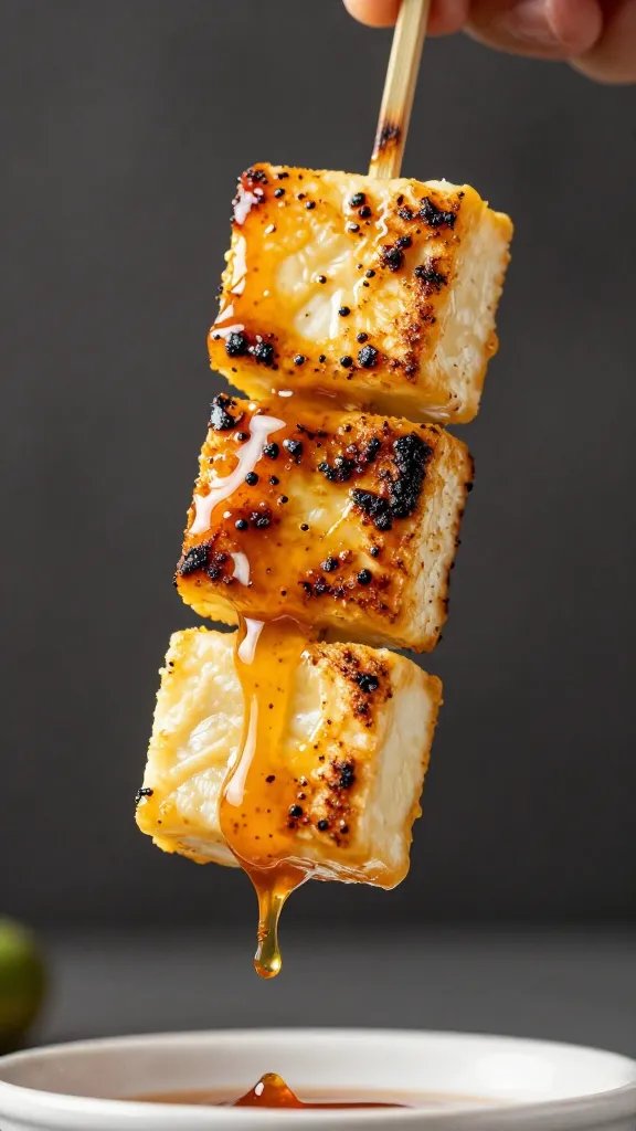 charred halloumi cube on skewer, sauce dripping