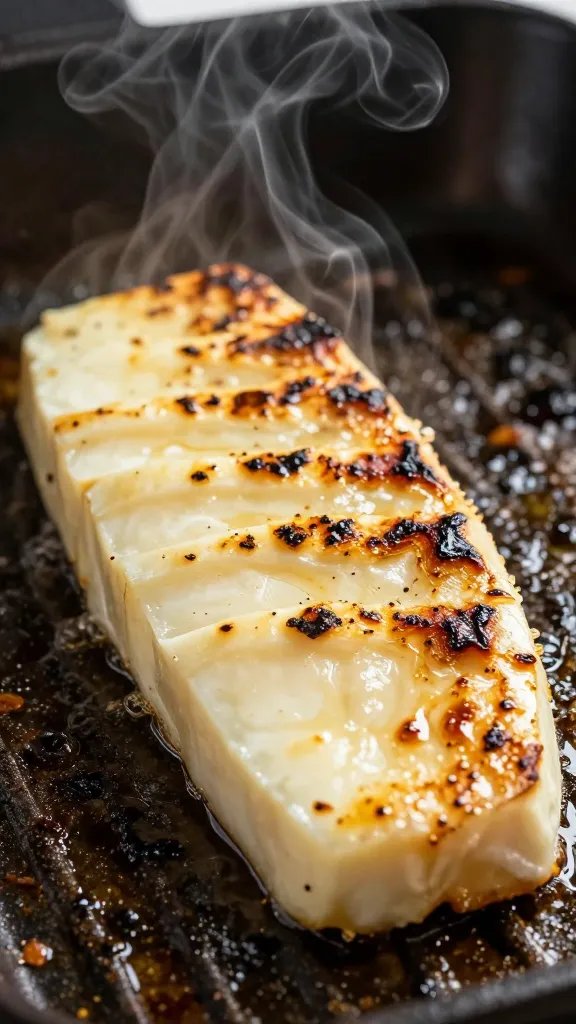 halloumi slice sizzling with visible steam and char