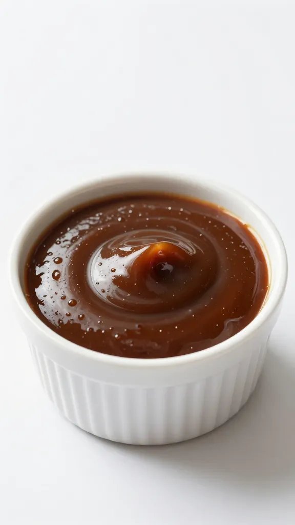 small ramekin of thick bbq sauce with lacquered sheen