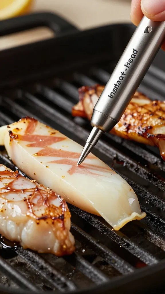 instant-read thermometer tip near halloumi on grill