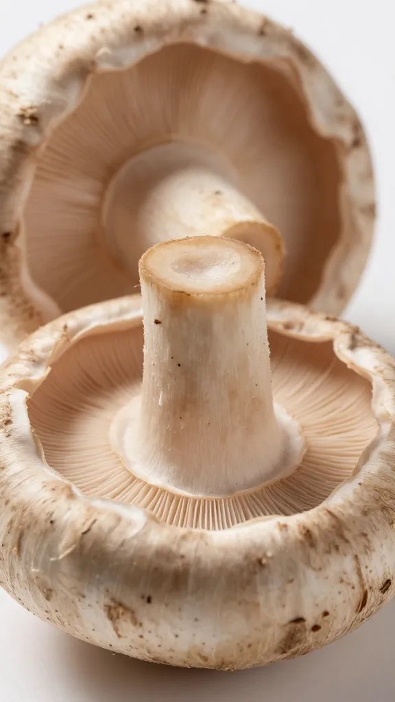 raw portobello cap with gills being scraped, macro shot