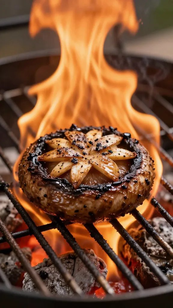 single marinated portobello on hot grill grate, flames blur