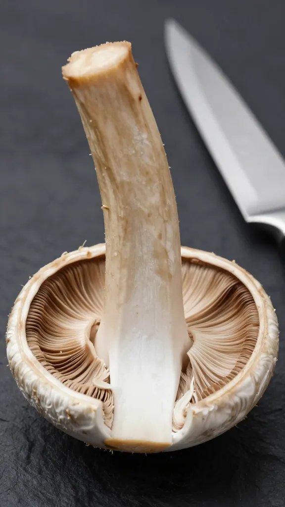 portobello stem trimmed cleanly, knife beside, tight focus