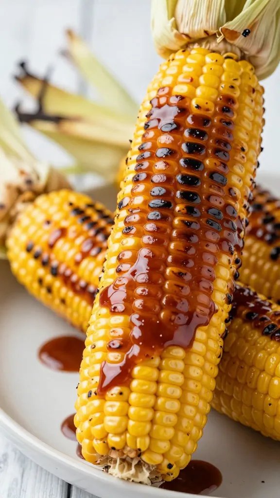 charred corn on the cob brushed with glossy bbq sauce