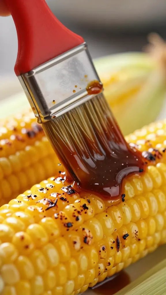 closeup bbq sauce brush glazing hot grilled corn