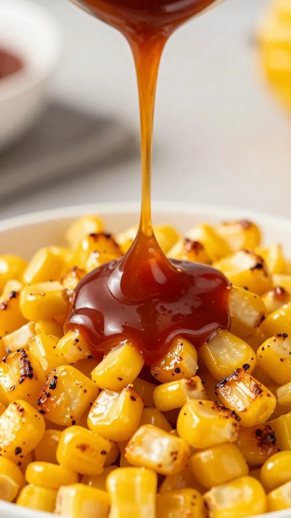 bbq sauce drip on golden blistered corn kernels