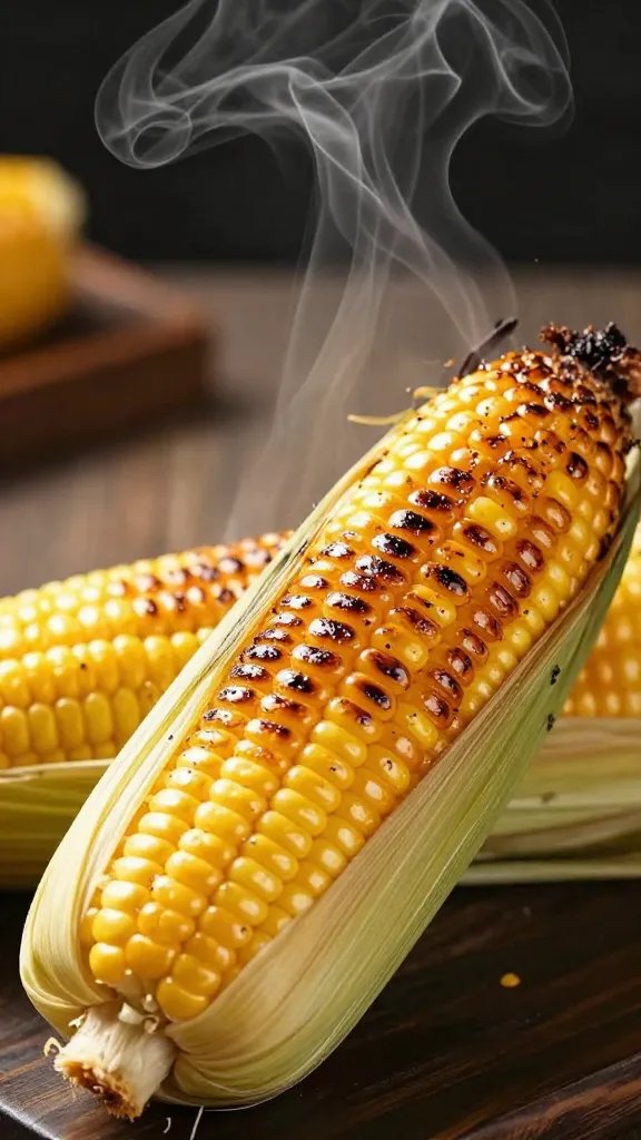 steaming grilled corn wrapped in bbq-glossed husk