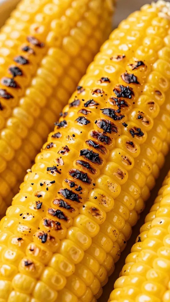 closeup of sauce-brushed corn with charred grill marks