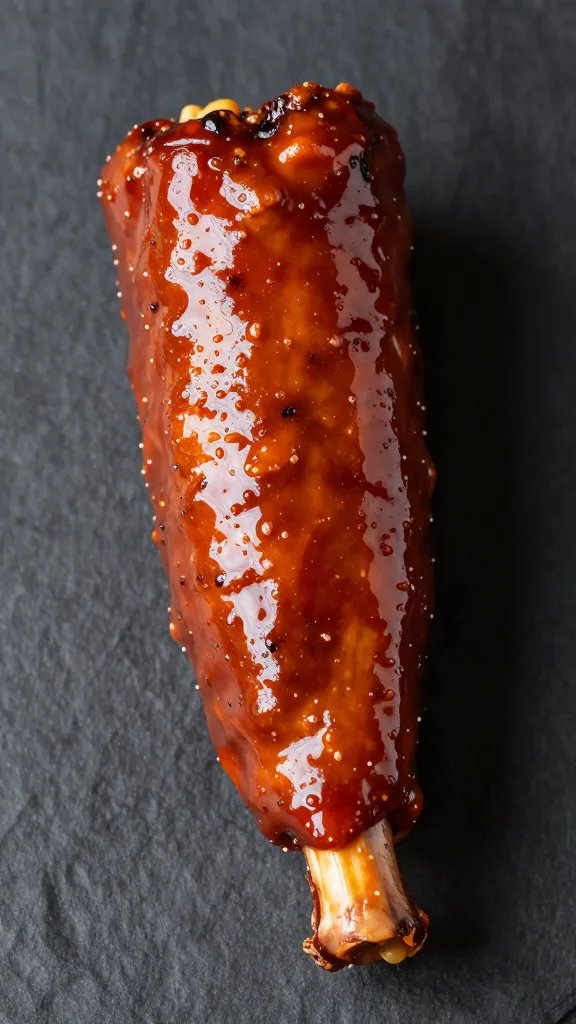 shiny bbq-coated corn tip against dark background