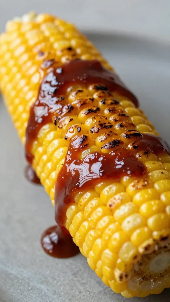 bbq sauce sheen on butter-brushed grilled corn