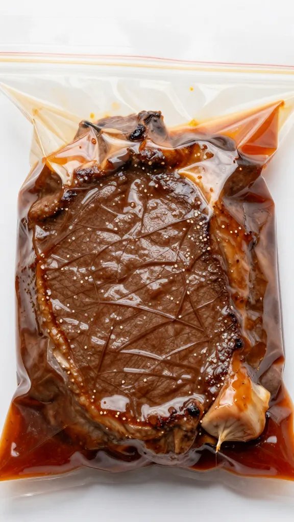 closeup marinated flank steak in zip-top bag, glossy sauce