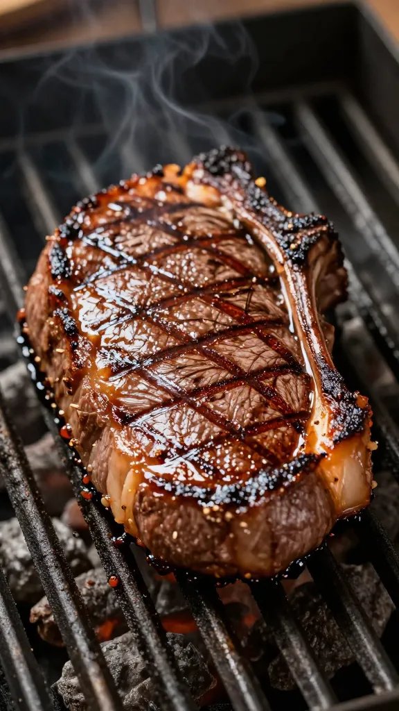 sizzling flank steak on hot grill grates, defined sear marks