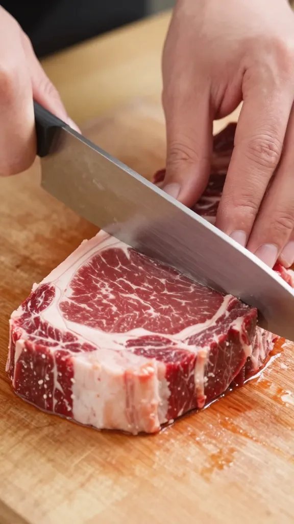 knife slicing flank steak against the grain at 45°