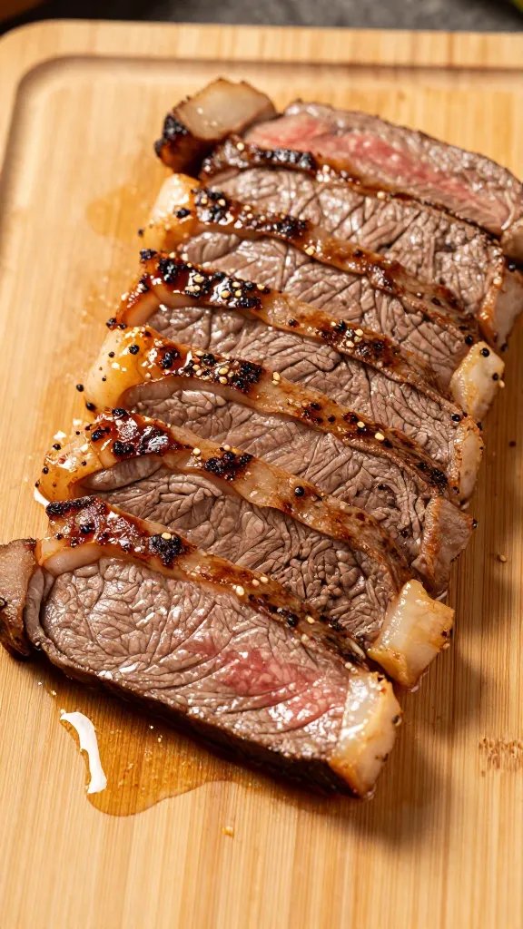 thin sliced flank steak fanned on wooden board, juices pooling