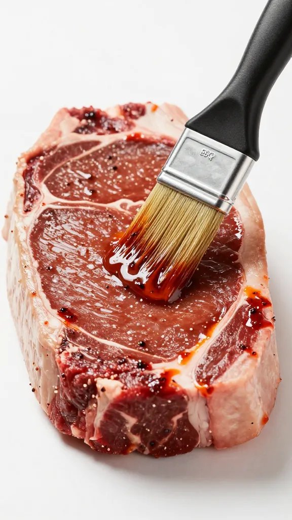 brushed bbq marinade on raw flank steak, pastry brush detail