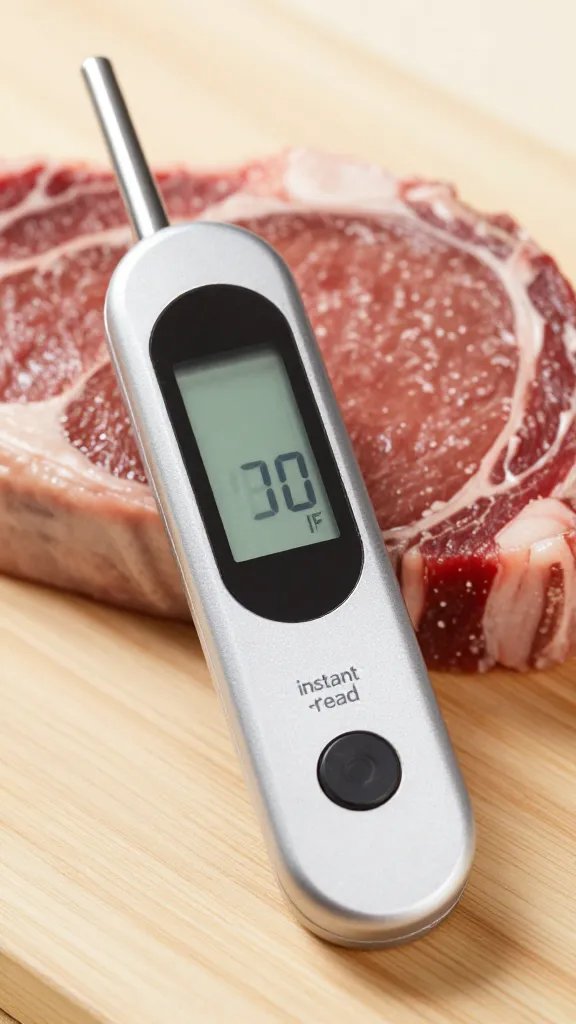 instant-read thermometer in flank steak, 130°F display