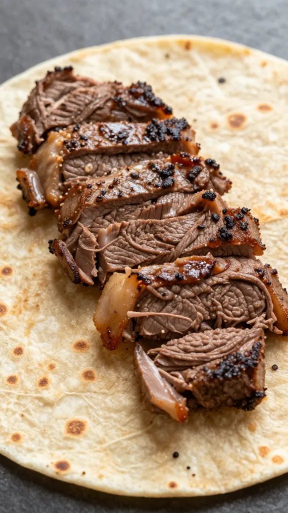 taco-ready sliced flank steak on warm tortilla, single piece