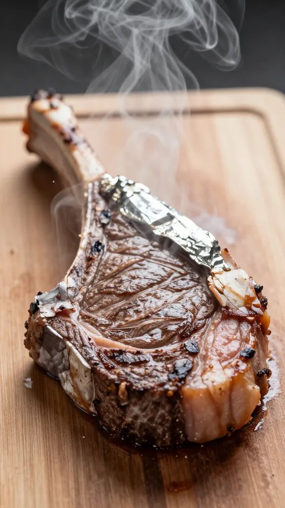 rested foil-tented flank steak on board, steam escaping closeup