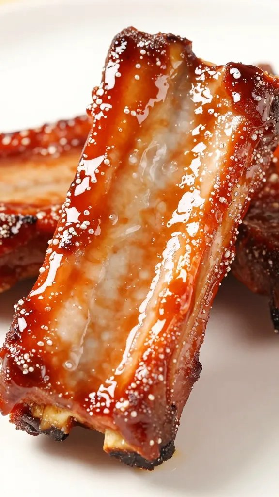 closeup lacquered pork rib slice with glossy bbq glaze