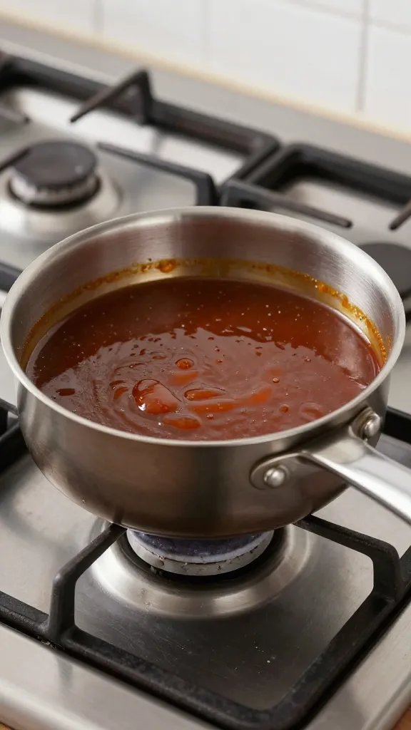 saucepan of simmering bbq sauce on gas burner, closeup