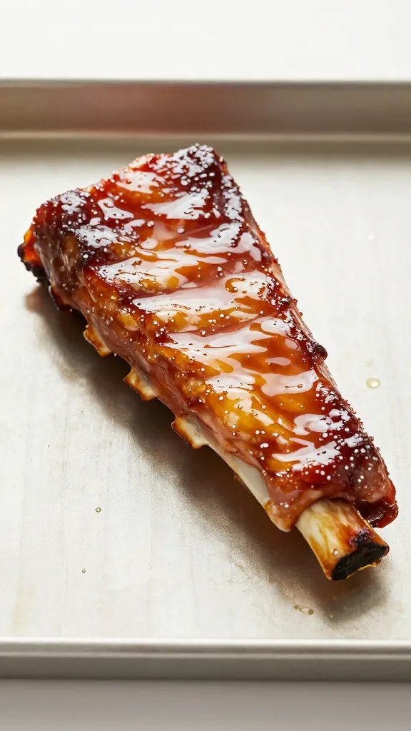 single oven rack rib segment on sheet pan, brushed glaze