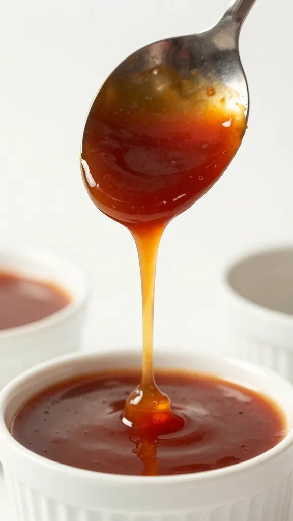spoon dripping thick bbq sauce into small ramekin, closeup
