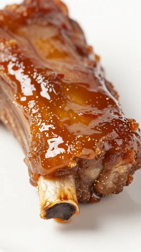 caramelized rib tip with sticky sheen, tight macro