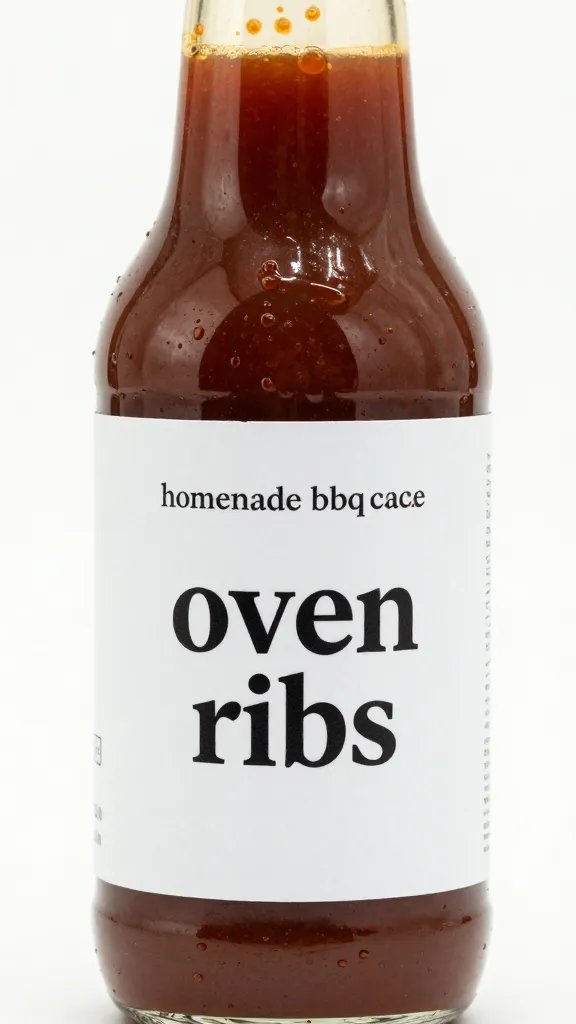 bottle of homemade bbq sauce labeled “oven ribs,” closeup