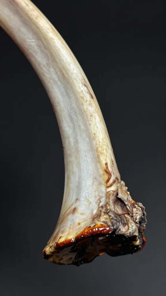 charred rib bone end with lacquered edge, macro detail