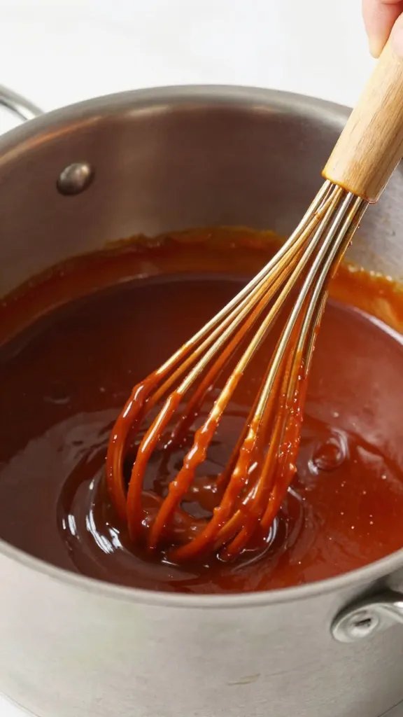 whisk coated in reduced bbq sauce over stainless pot