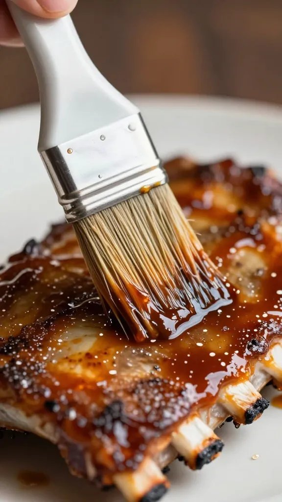 pastry brush stroking sauce on rib surface, extreme closeup