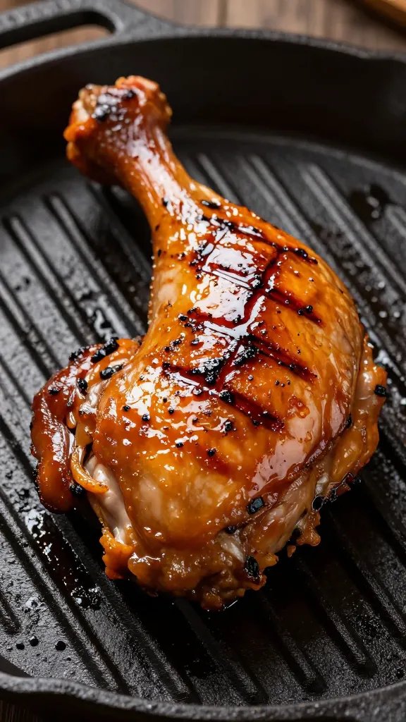 grill-marked turkey leg on cast-iron grate, shiny glaze
